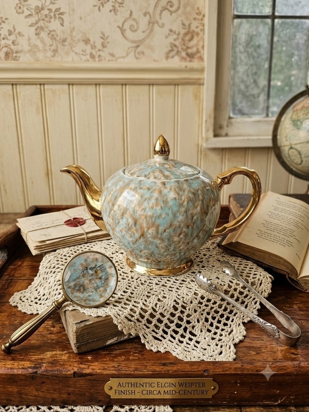 Vintage Ellgreave England Ironstone Teapot – Mottled Blue & Tan with Gold Trim